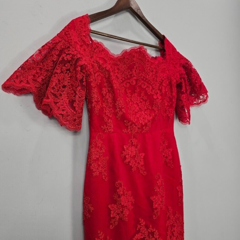 Badgley Mischka Sheath‎ Dress 8 Red Lace Flutter Sleeves Cocktail Romantic - Picture 6 of 16